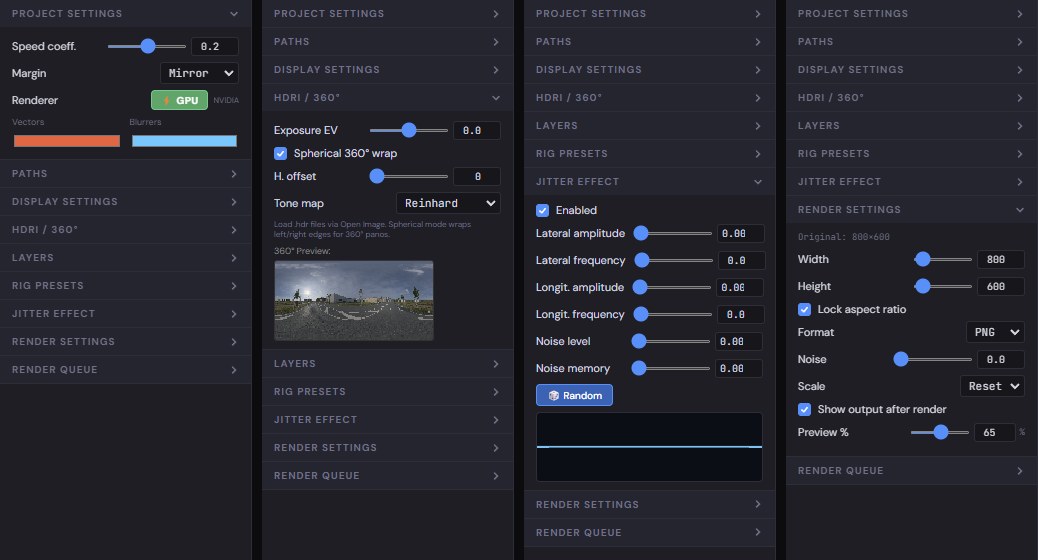 The left panel four times, each with a different group open: project settings with speed coefficient, margin mode and the CPU/GPU renderer; HDRI with exposure EV, spherical 360° wrap, horizontal offset, tone map and a panorama preview; the jitter effect with lateral and longitudinal amplitude and frequency, noise level and memory; render settings with width, height, format, noise, scale and preview percentage.