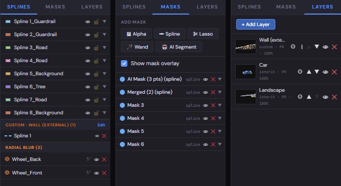 The three right-hand tabs side by side: SPLINES listing named splines, two radial wheel blurs and a custom group; MASKS with the alpha, spline, lasso, wand and AI Segment tools above a list of masks; LAYERS listing three imported layers with their thumbnails.
