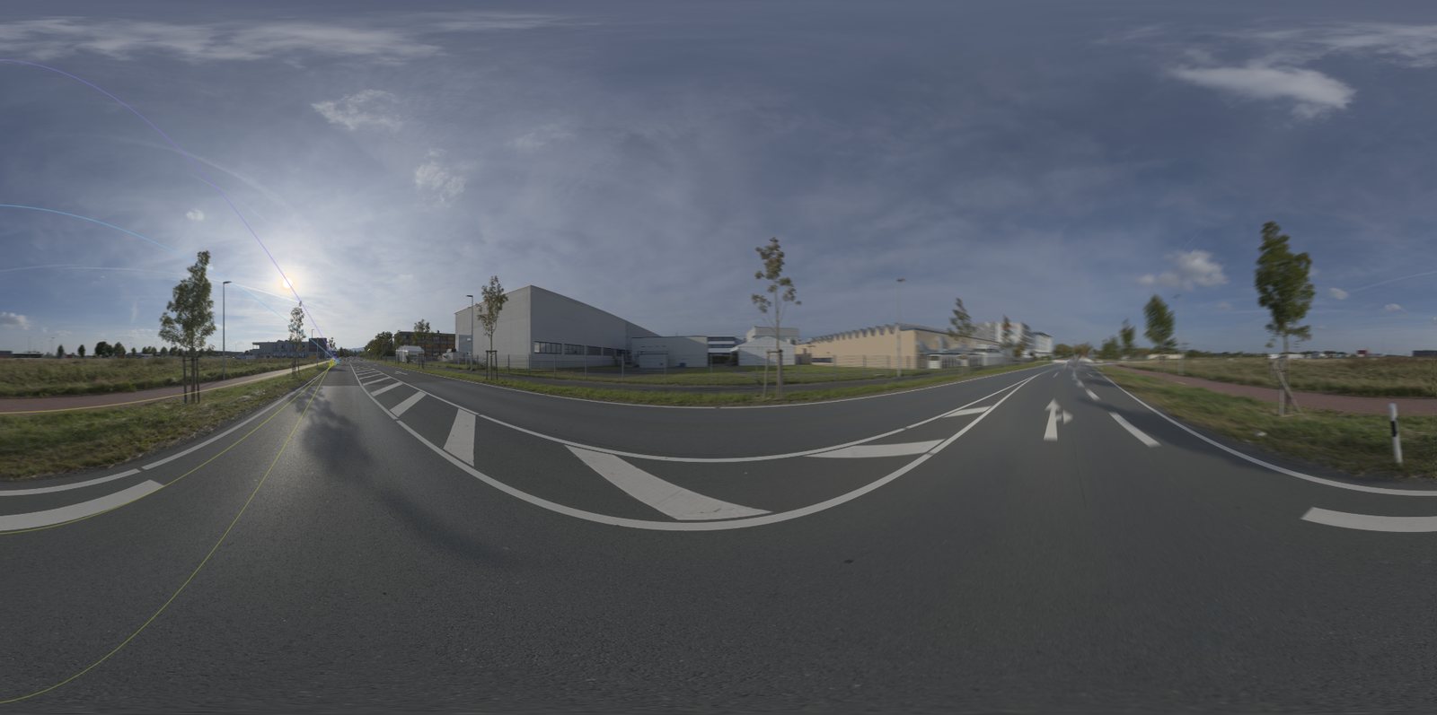 An equirectangular HDRI of an industrial road after rendering in Vector//RIG, the whole 360° frame.
