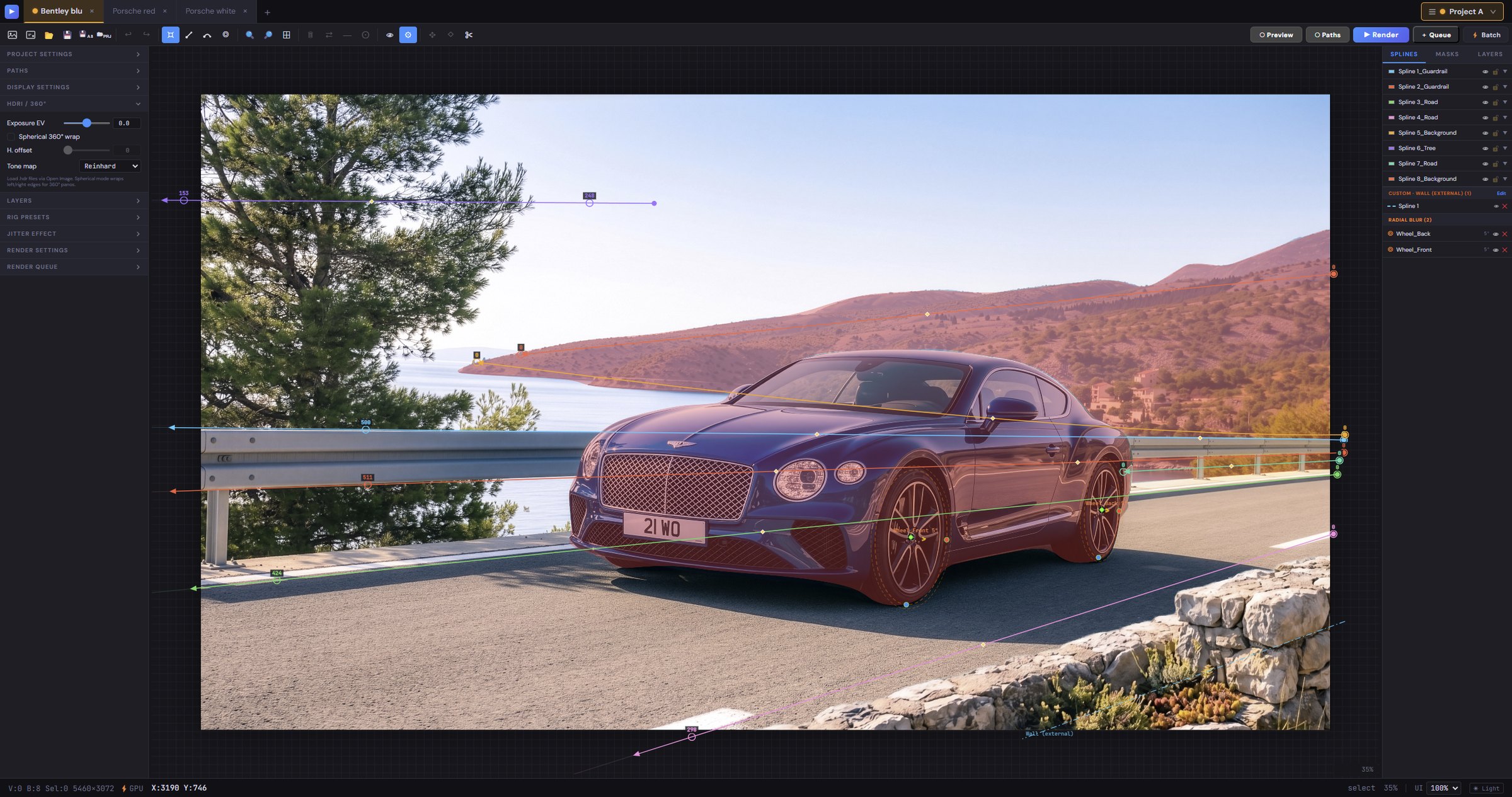The Vector//RIG workspace: project and HDRI settings on the left, the plate on the canvas with motion vectors and blurrer splines drawn over the car, and the splines, masks and layers panels on the right.