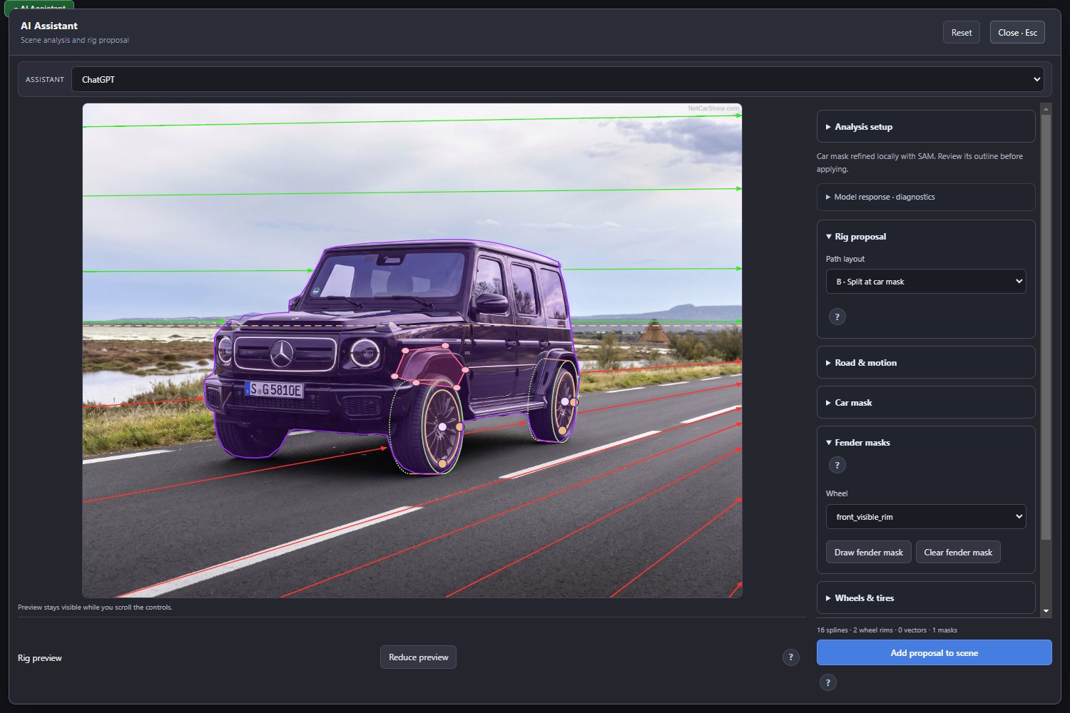 Same rig with proposal B and splines split around the car silhouette