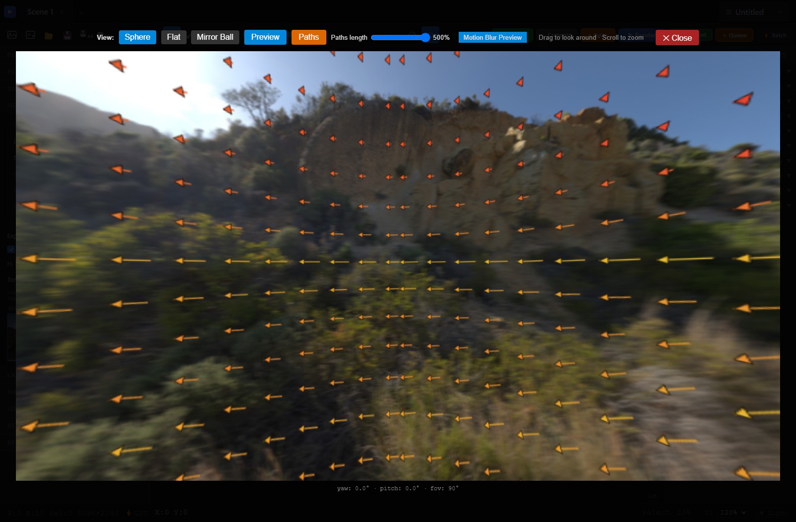 Live spherical viewer showing Preview and Paths enabled together